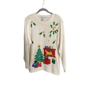 Victoria harbour vintage ivory beaded embroidered Christmas sweater S/M ￼